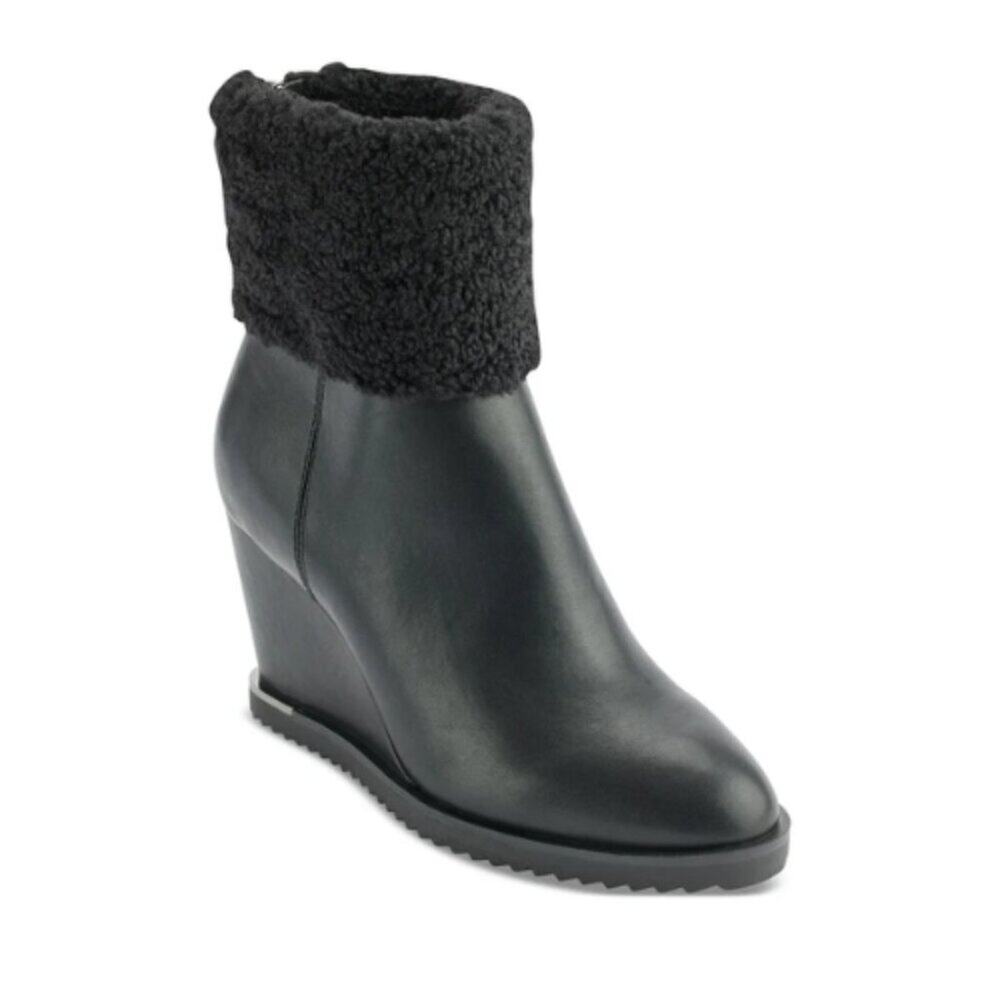 DKNY Powell Wedge Booties Black Faux Fur Trim - Size 8